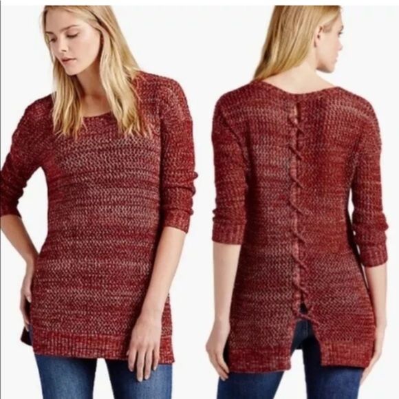 Lucky Brand Lace Up Open Back 3/4 Sleeve Tunic Sweater Size M Burgundy Pink Knit - Picture 2 of 10